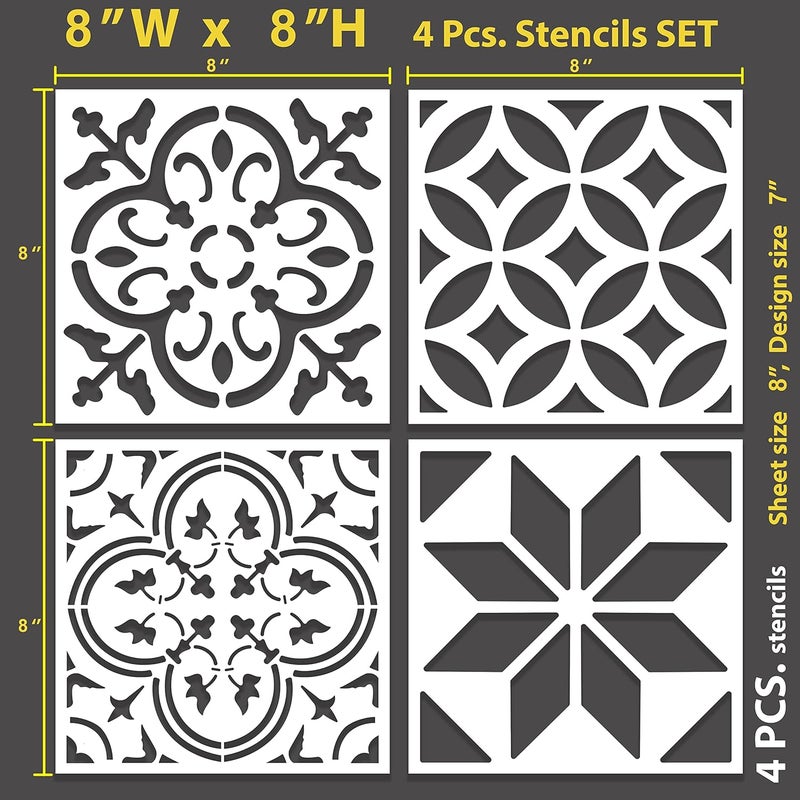 STENCILOGY ® / 4 pcs. 8 x 8 Inches/Tile Stencil Set, Reusable Tile Stencils Set for Painting, Furniture, Floor/Household Paint Wall Stencils (8x8 inches) - Image 2